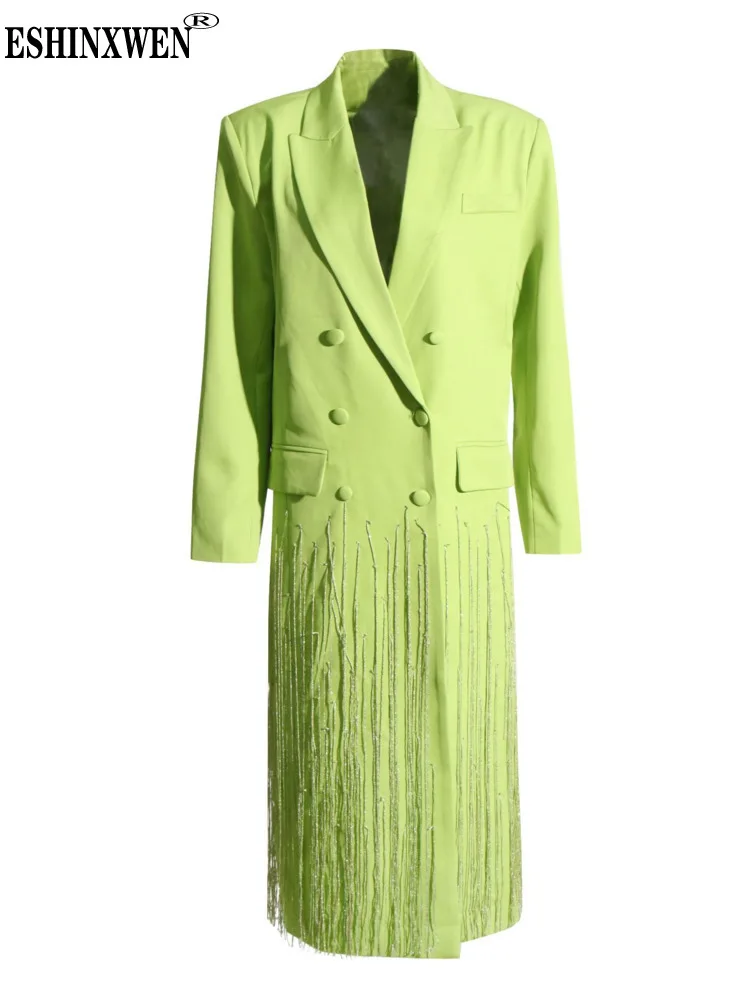 

Eshin Notched Collar Long Sleeve Double Breasted Green Patchwork Tassel Windbreaker For Women 2024 Spring Fashion New TH6082