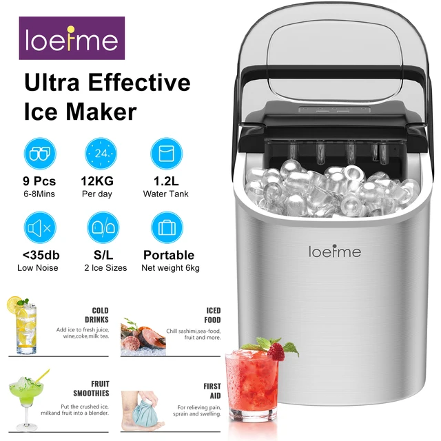 LOEFME Mini Machine à glaçons Portable entièrement automatique en forme de balle 12 kg/24 h 6 Minutes/9 pièces glaçons avec cuillère Machine à glace professionnelle 1