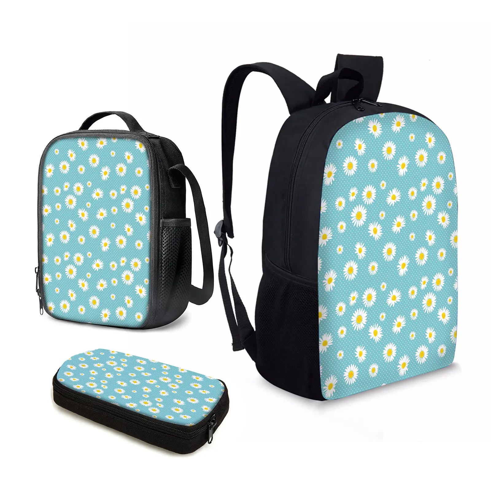 

YIKELUO Polka Dot Daisy Print Youth Large Capacity Notebook Bag Light Blue Waterproof Travel Bag Casual Backpack Mochilas