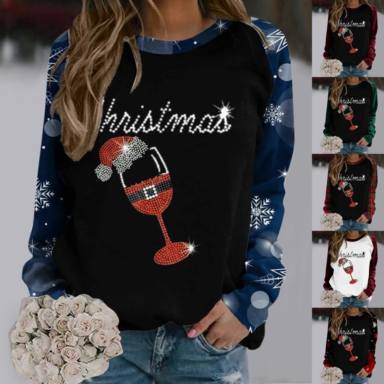 

Ladies Sweatshirts Women Christmas Print Casual Sweatshirt Round Neck Long Sleeve Raglan Sweatshirt Top Fall Fashion for Women