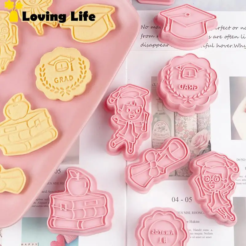 8Pcs/set Congrats Graduation Cookie Cutter Biscuit Mold 3D Press Plastic Cookie Mold Fondant Baking Supplies Decoration cookie cutter baking mold cookie mould fondant cutter