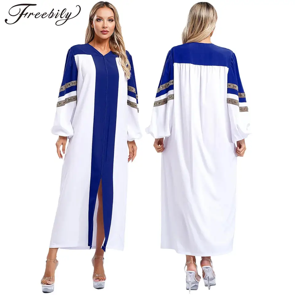 Robe D'Église Femme à Manches Longues - Style Clergé Maxi - Col Tab Insert - Taille L - Blanc
