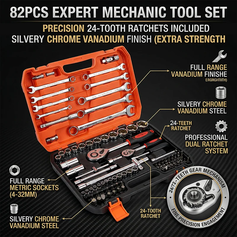 82-teiliges Gabelschlüssel-Set für Autoreparaturen, Schnellverschluss-Ratschenschlüssel-Kombination, Multifunktionales Steckschlüssel-Set, OEM-Hartschalenkoffer – Detail 6
