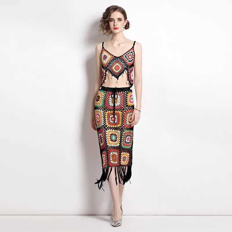 

Free Shipping Bohemian Vintage Women's Girl Hollow Out Lacing up Vest+Skirt Sets Hand-made Granny Square Croche Knitted