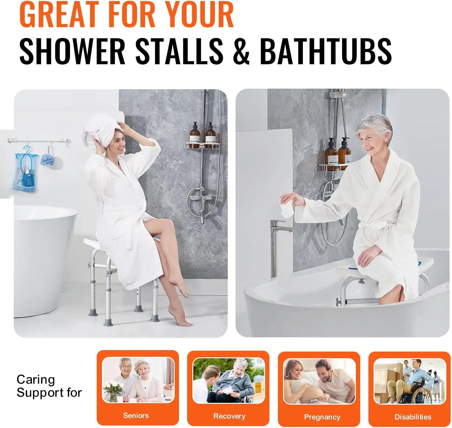 Shower Chair for Inside Shower, Adjustable Height Stool with Crossbar Support, Shower Seat for Shower, Tub, Non-Slip Bench 5