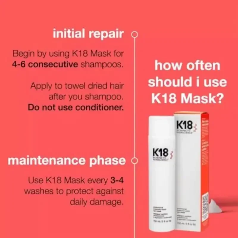 K18 Original Hair Treatment Leave-In Hair Mask Treatment Repair Dry Damaged 4 Minutes To Reverse Damage Moisturize k18