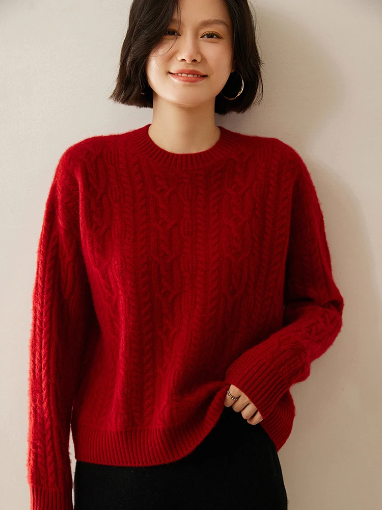 New Chic Women Cashmere Cable Knit Sweater O-neck Pullover Autumn Winter Thick Long Sleeve 100% Cashmere Knitwear Vintage Style 3