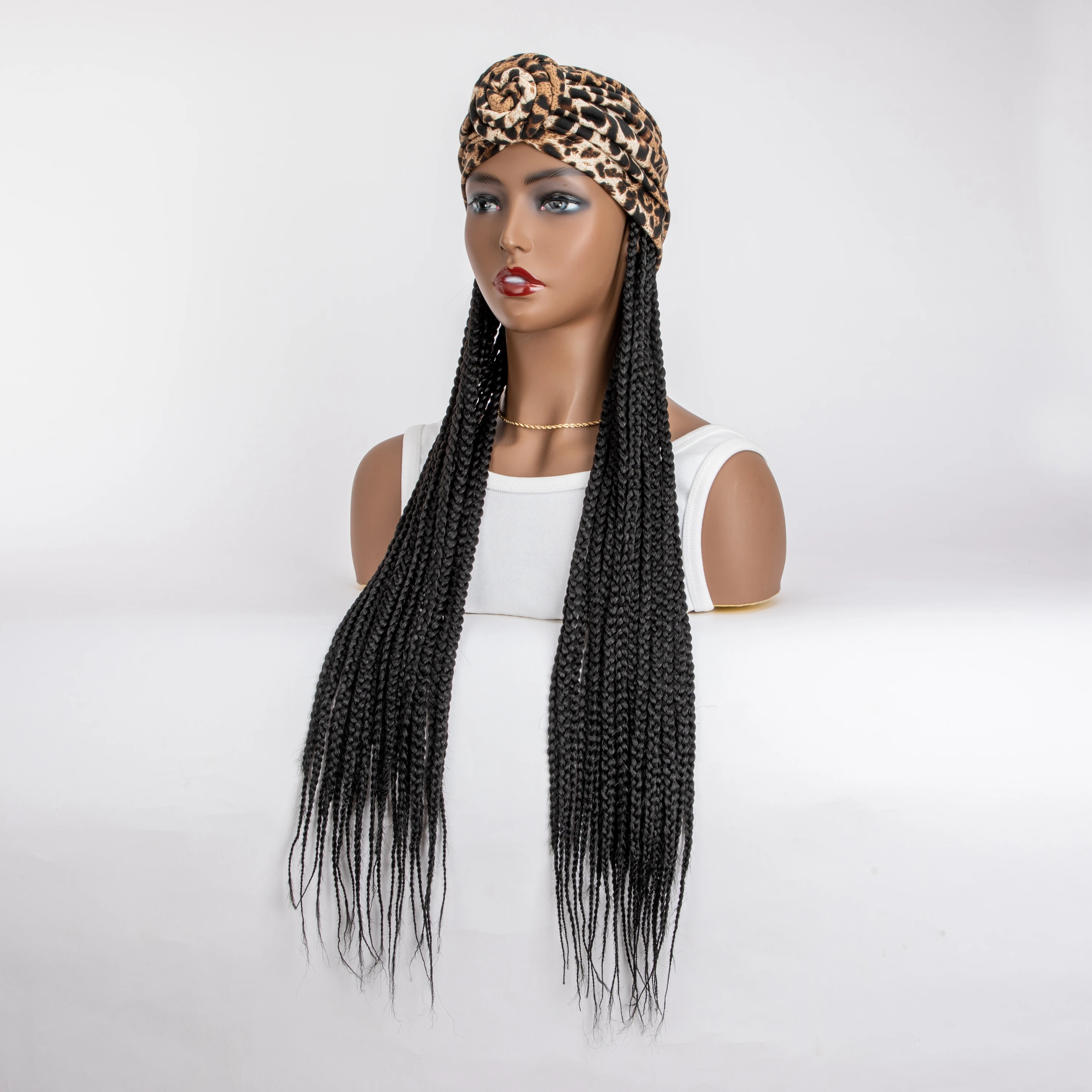 WIGERA Leopard Print Headband Long Braided Synthetic Wig with Turban Hat Box Braiding Hair Extensions Head Scarf Easy Hairstyle
