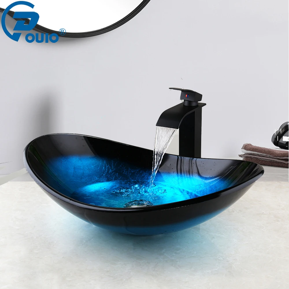 Ouio อ่างอ่างล้างหน้ากระจกนิรภัยสำหรับห้องน้ำ, ก๊อกน้ำซิงค์ห้องน้ำสีดำก๊อกน้ำผสมน้ำร้อนเย็น 1