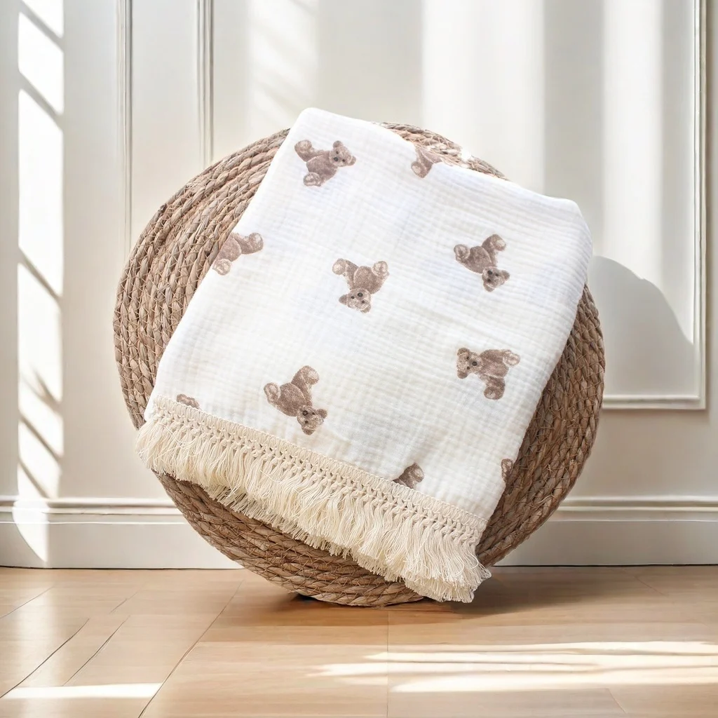 Children's blanket Cotton crepe bear fringe blanket Baby stroller cover Summer air conditioning baby wrap blanke cotton blanket