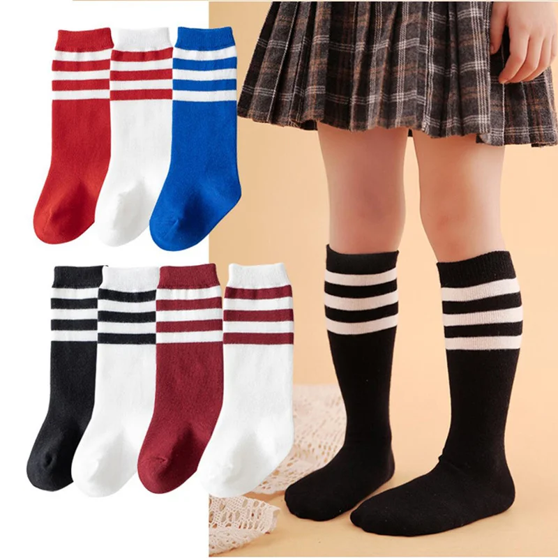 

Blue/red/white/black Stripe Style School Girls Knee High Socks Spring Fall Cotton Breathable Toddler Girls Tube Socks Xmas Gift