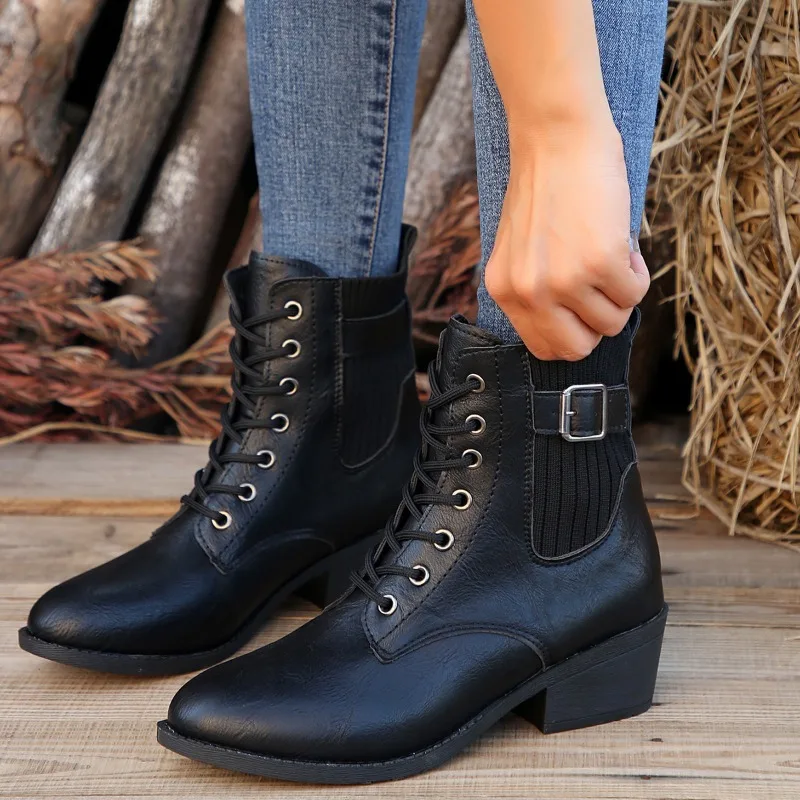Ladies Shoes 2023 Hot Sale Lace Up Women's Boots Winter Pointed Toe Solid Short Barrel Chunky Heel Large Size Chelsea Boots
