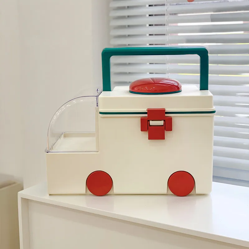 

Ins Double Layer Ambulance Plastic Box Perfume Medicine Table Storage Box Home Decor Drawer Organizer Box First Aid Kit