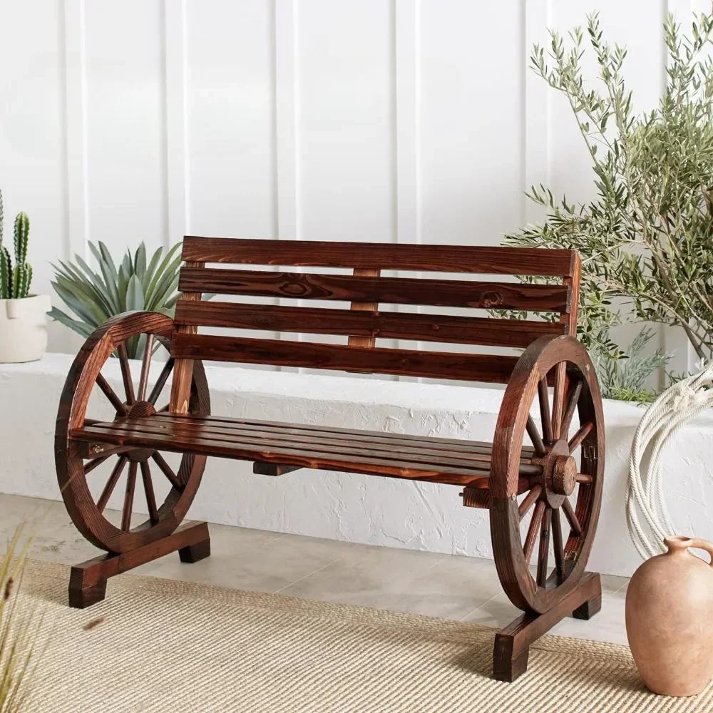 Wooden Wagon Wheel Bench for Backyard, Porch, Garden, Outdoor Lounge Furniture W/Rustic Country Design, Brown Patio Benches