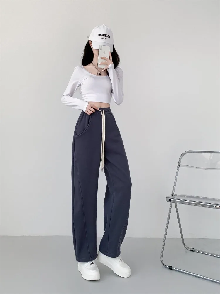 

2024 Women Sweatpants Wide-leg Banana Pants Cotton Casual Trousers Ladies Fleece Thicken Warm Straight Pants Autumn Winter Women