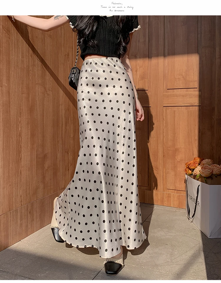 Satin Polka Dot Mermaid Skirt - Flowy Bodycon Midaxi High Waist Flattering Skirt for Women