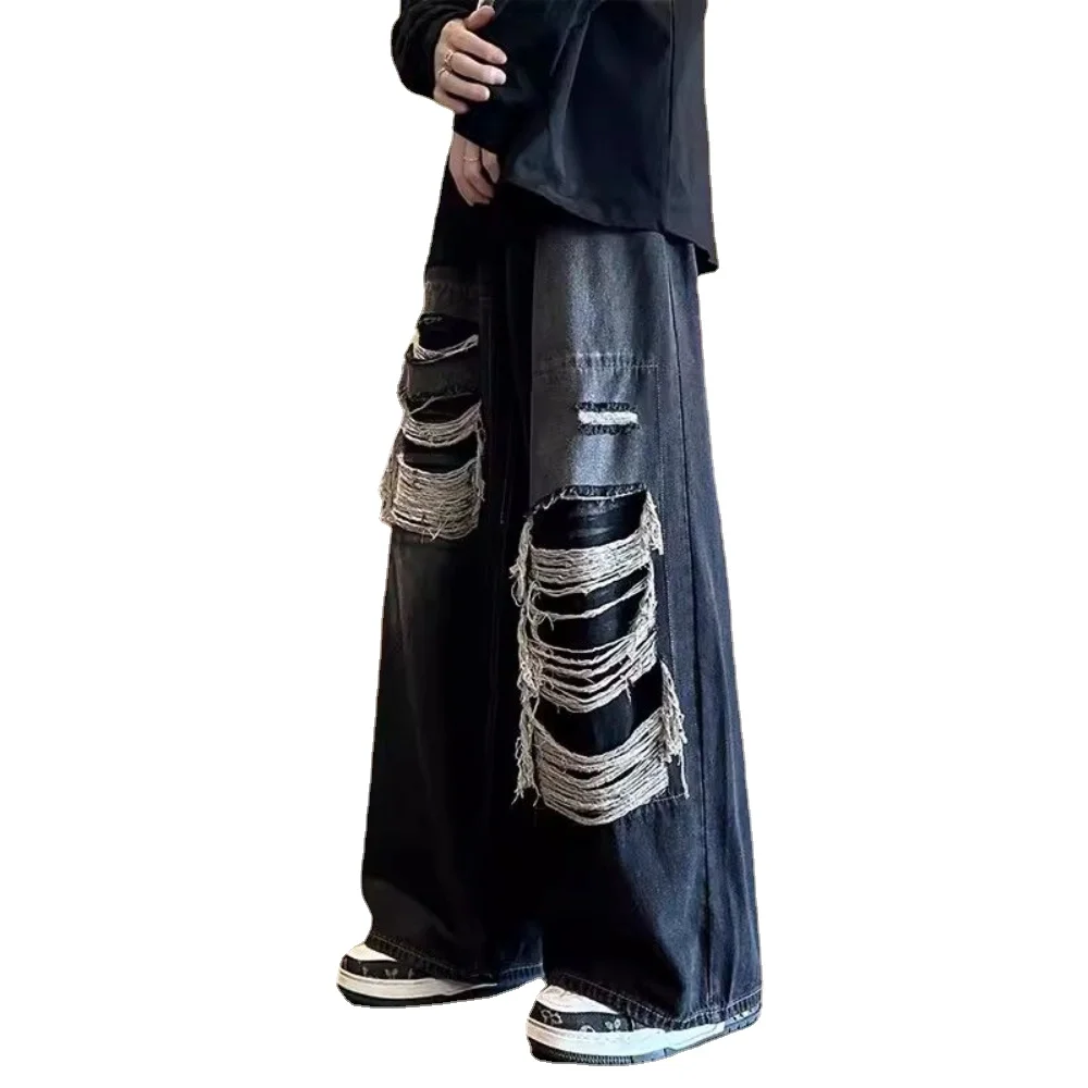 Men's Ripped Jeans Harajuku Wide Leg Pants Denim Baggy Y2K Cargo Pants Streetwear Koean Style Clothes Gothic Trousers Casual