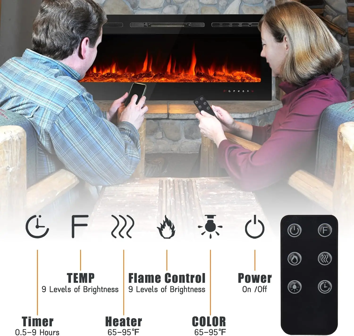Electric Fireplaces Recessed Wall Mounted Fireplace Insert 70 Inch Wide Heater LED Fire Place Remote Control & Touch Screen