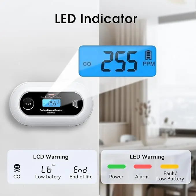 Carbon Monoxide Detector Alarm, Portable 10-Year Battery CO Alarm with Digital LCD Display, for Home, Office and Travel