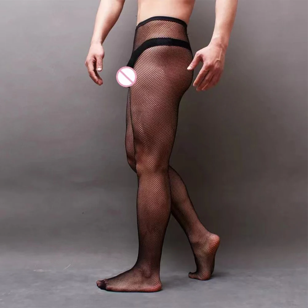 Sexy Men Sissy Pantyhose Fishnet See-through Body Stockings Ultra-thin Open Crotch Underwear Hollow Tights Pants Gay Erotic Wear