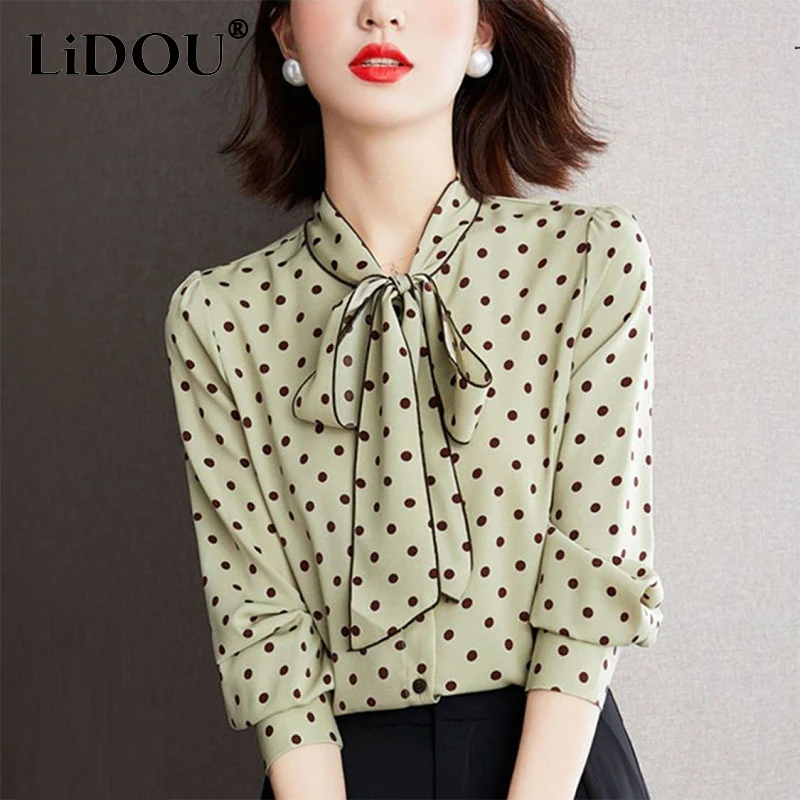 

Spring Autumn Turn Down Collar Dot Print Chic Bow Casual Chiffon Shirt Women Long Sleeve Elegant Fashion Blouse Women's Clothing