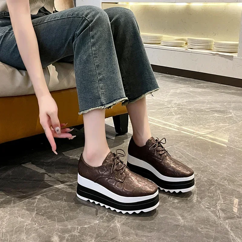 Snake Pattern Chunky Platform Sneakers Women Lace-Up Pu Leather Wedges Shoes Woman Thick Bottom Non-Slip Vulcanized Shoes Ladies 6