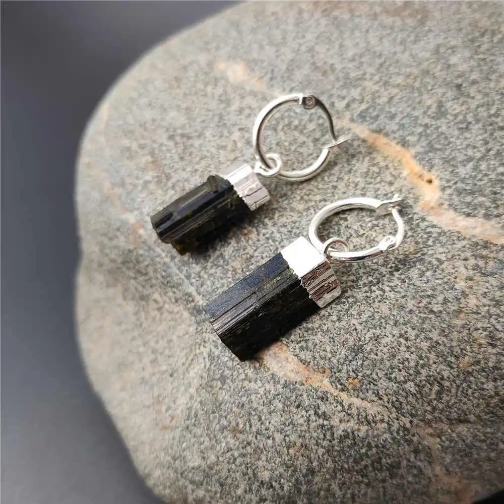 FUWO 1Pairs Natural Green&Black Tourmaline Hoop Earrings,Silver Color Plated Semi-precious stone jewelry ER410Y 3