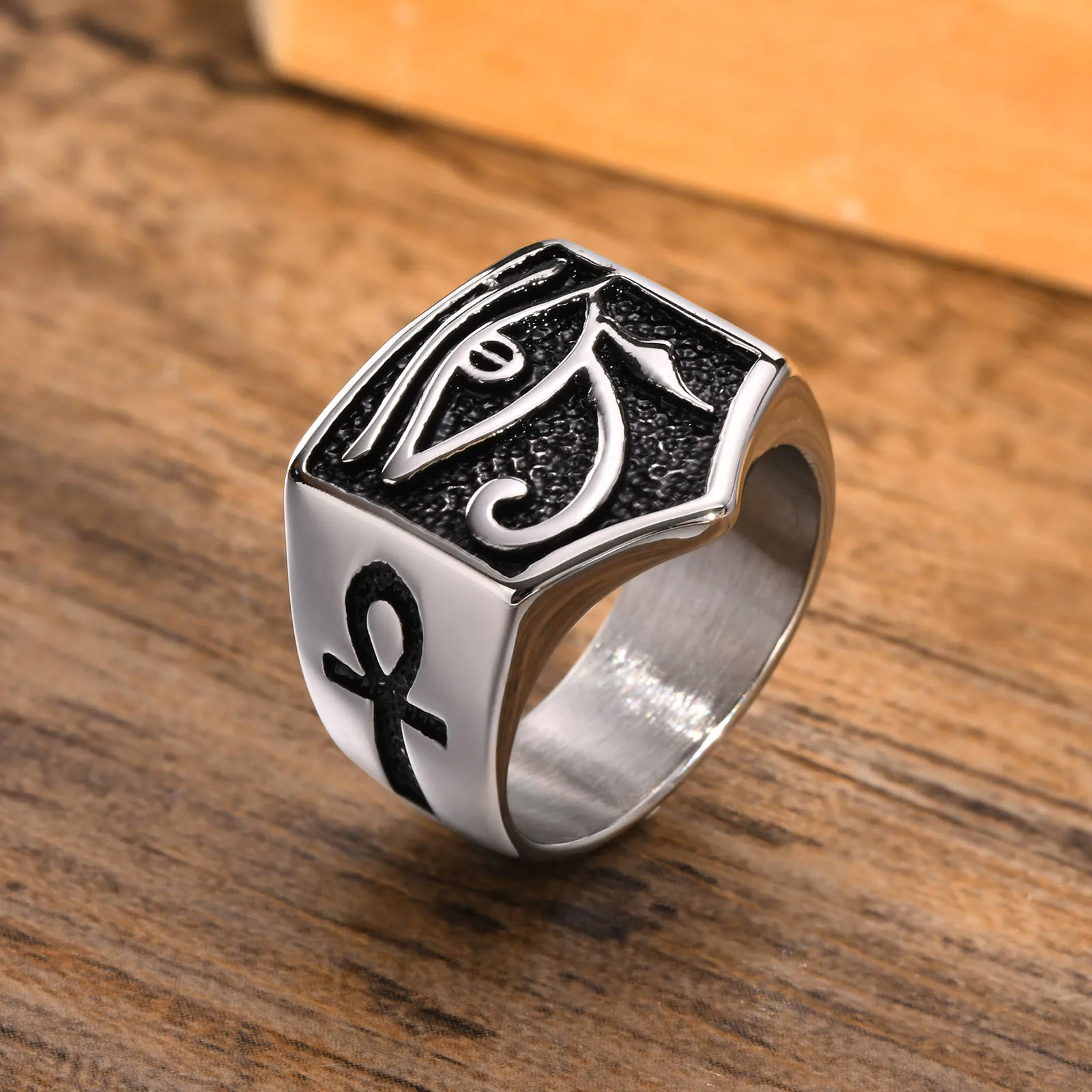 Vnox Rock Punk The Eye of Horus Rings for Men, Egyptian Ankh Cross