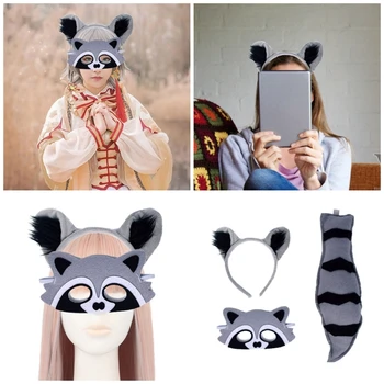 3pc Cartoon Animal Dress Cosplay Raccoon Costumes Set Accessory Kids Ears Headband Headwear Tail Eye mask Children's Day Gifts