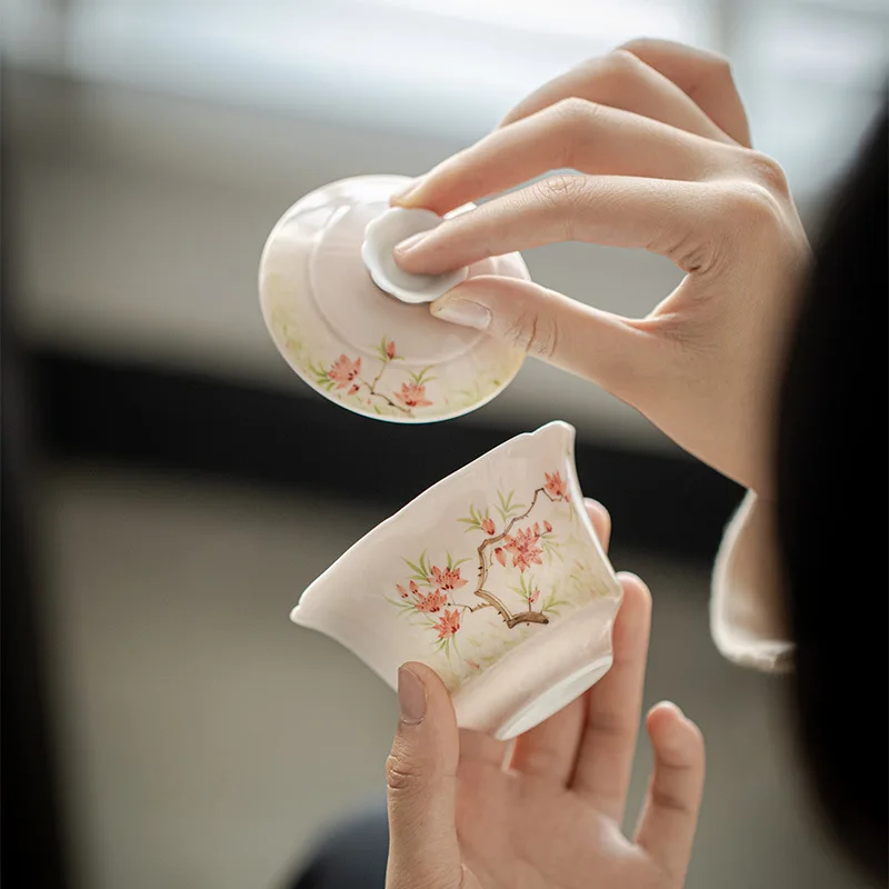 Hand Painted Peach Blossom Gaiwan For Tea Ceramic Tureen Teaware Set Pink Chinese Tea Bowl Chawan Lily Deng's Store Cup