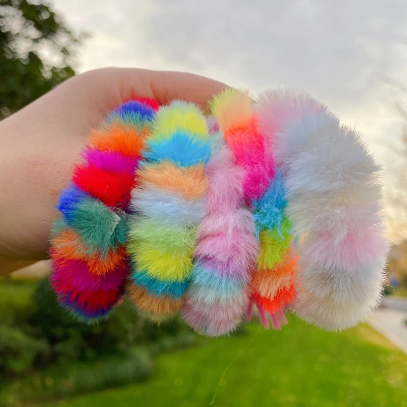 

5pcs Colorful Plush Women's Hair Circle Fat Sausage Circle Fluffy High Elastic Women Cute Hair Design Rubber Band Accessories