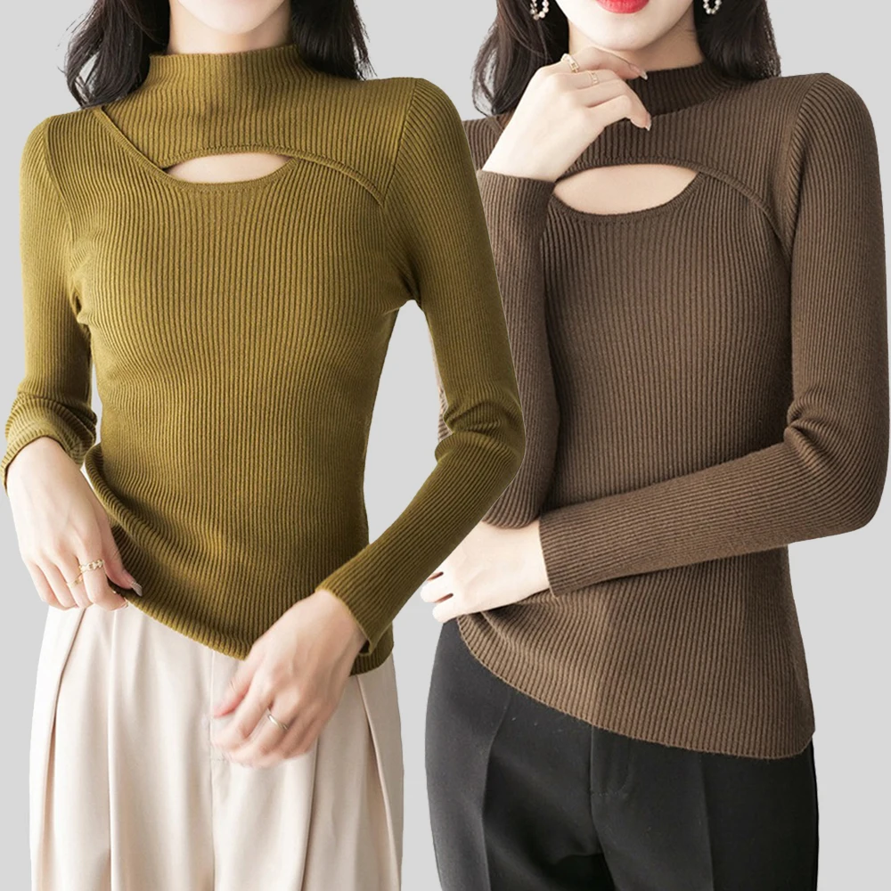 

Women's Hollow Half Turtleneck Pullover Sweater Black Knitted Bottom Tops Long Sleeve Sweaters Autumn Blouse Jumper Knitwear Top