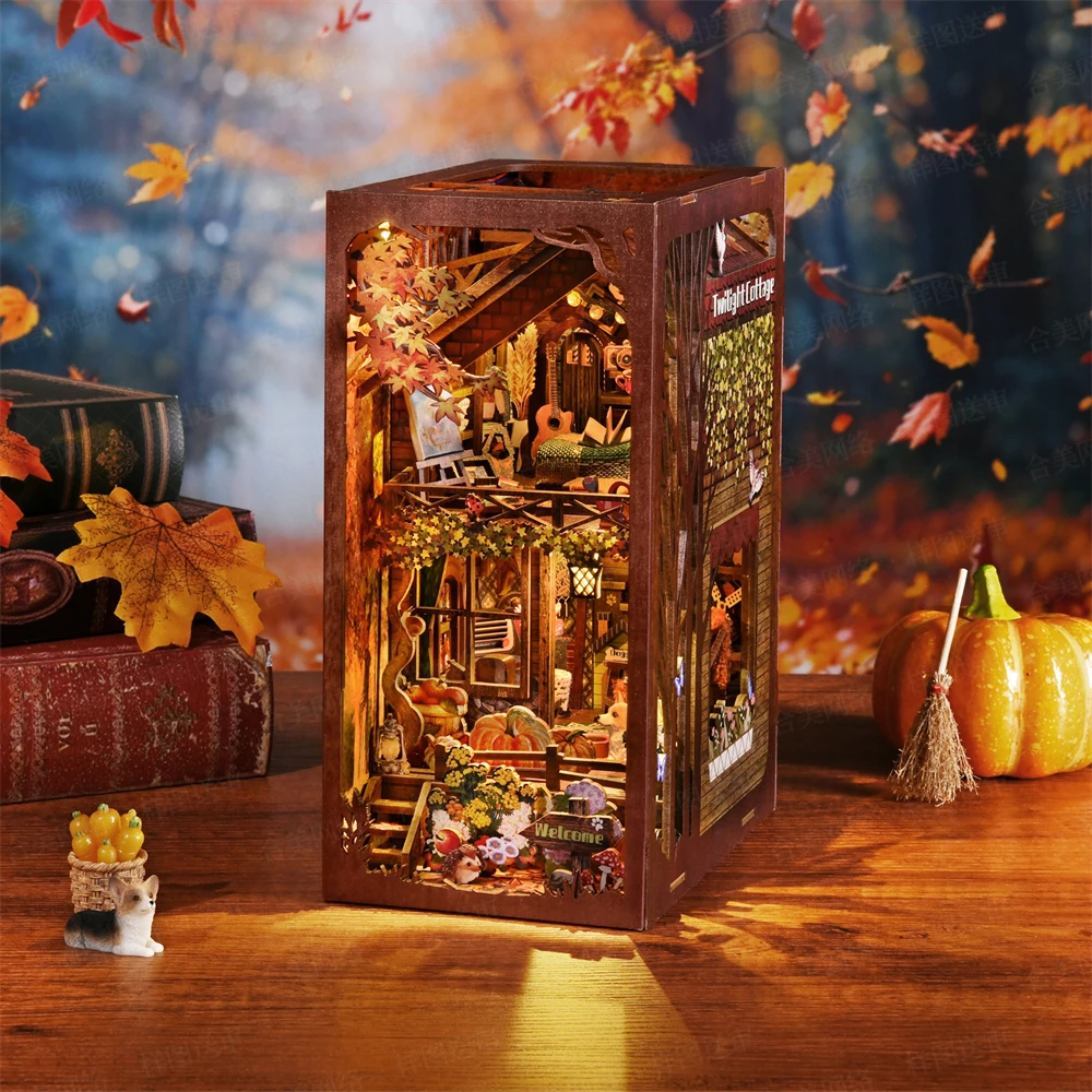 Book Nook Kit My Home Family Puppy DIY 3D Wooden Puzzle Bookshelf Insert Dollhouse Model Bookend Building Home Decoration Gifts 5