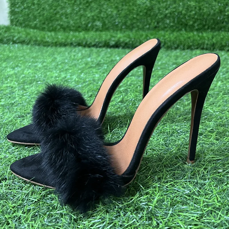 

Summer Woman Modern Slipper High Heel Fashion Color Feather Fur Peep Toe Slippers Female Slides Shoes Outside Sexy Leisure Shoes
