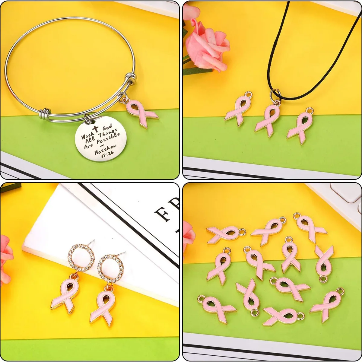 60 Pcs Breast Cancer Awareness Charm Ribbon Pendant Charm Jewelry DIY Accessories for Necklace Bracelet Making Crafts