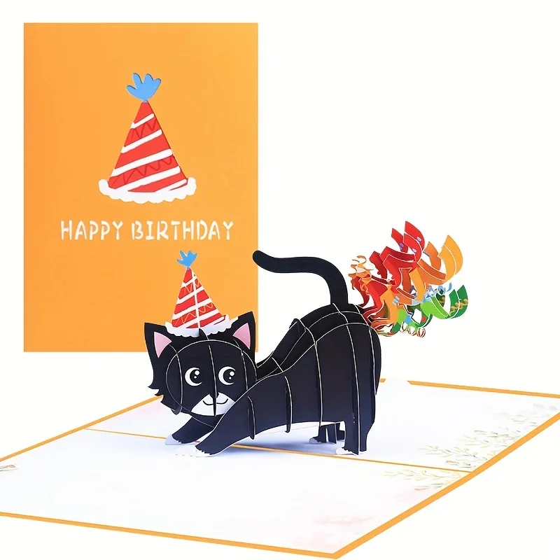 Funny Cat Farting Confetti 3D Pop Up Birthday Card, 7" x 5.1"-Includes Envelope and Note Label, Perfect for Birthday, Festival