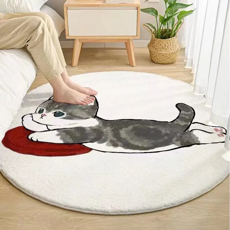 

Cute Cartoon Cat Imitation Cashmere Round Floor Mat Bedroom Bedside Full Carpet Mat 작은 깔개 Rug Kawaii Rug