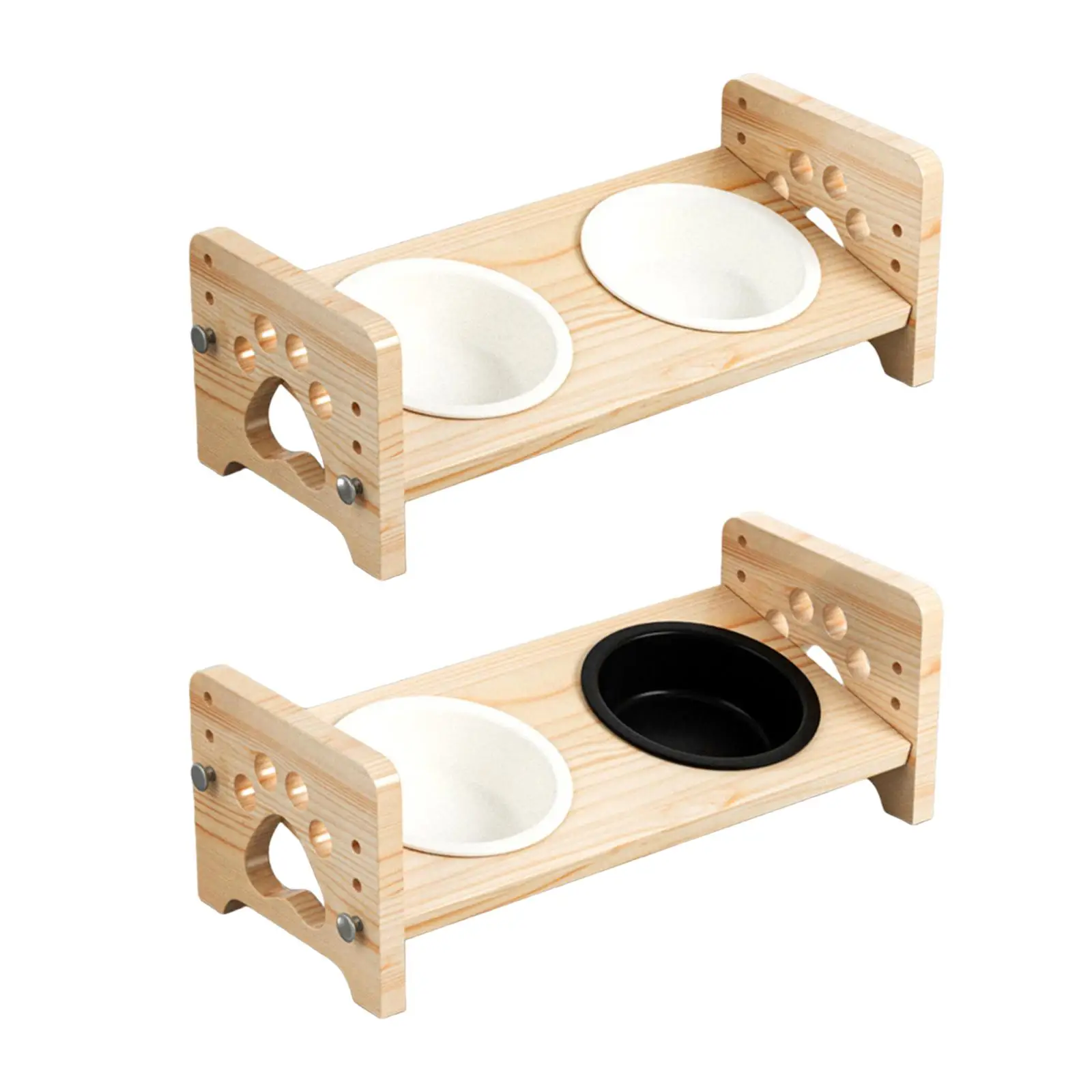 

Raised Cat Feeding Bowls Adjustable Height Double Ceramic Dish Space Saving Inclined 15° Versatile Wooden Frame Pet Feeder