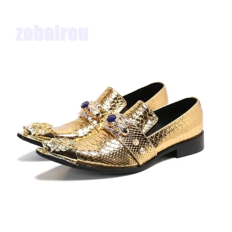 

Gold Color Pointed Toe Patent Leather Shoes British Style Male Hairstylist Casual Shoes One Foot Lazy Shoes Large Size 37-46