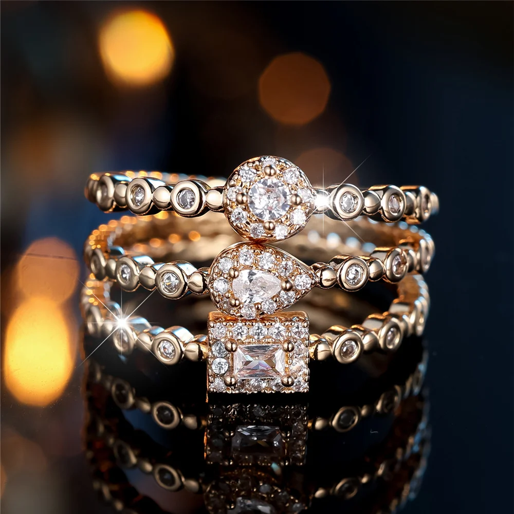 Crystal Female White Zircon Stone Ring Set Fashion Luxury Gold Color Bridal Wedding Engagement Jewelry For Women