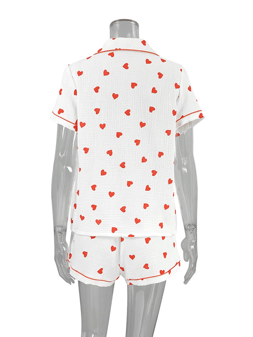 Marthaqiqi Loose Ladies Nightgowns Suit Sexy Turn-Down Collar Sleepwear Short Sleeve Nightie Shorts Casual Printing Pajamas Set