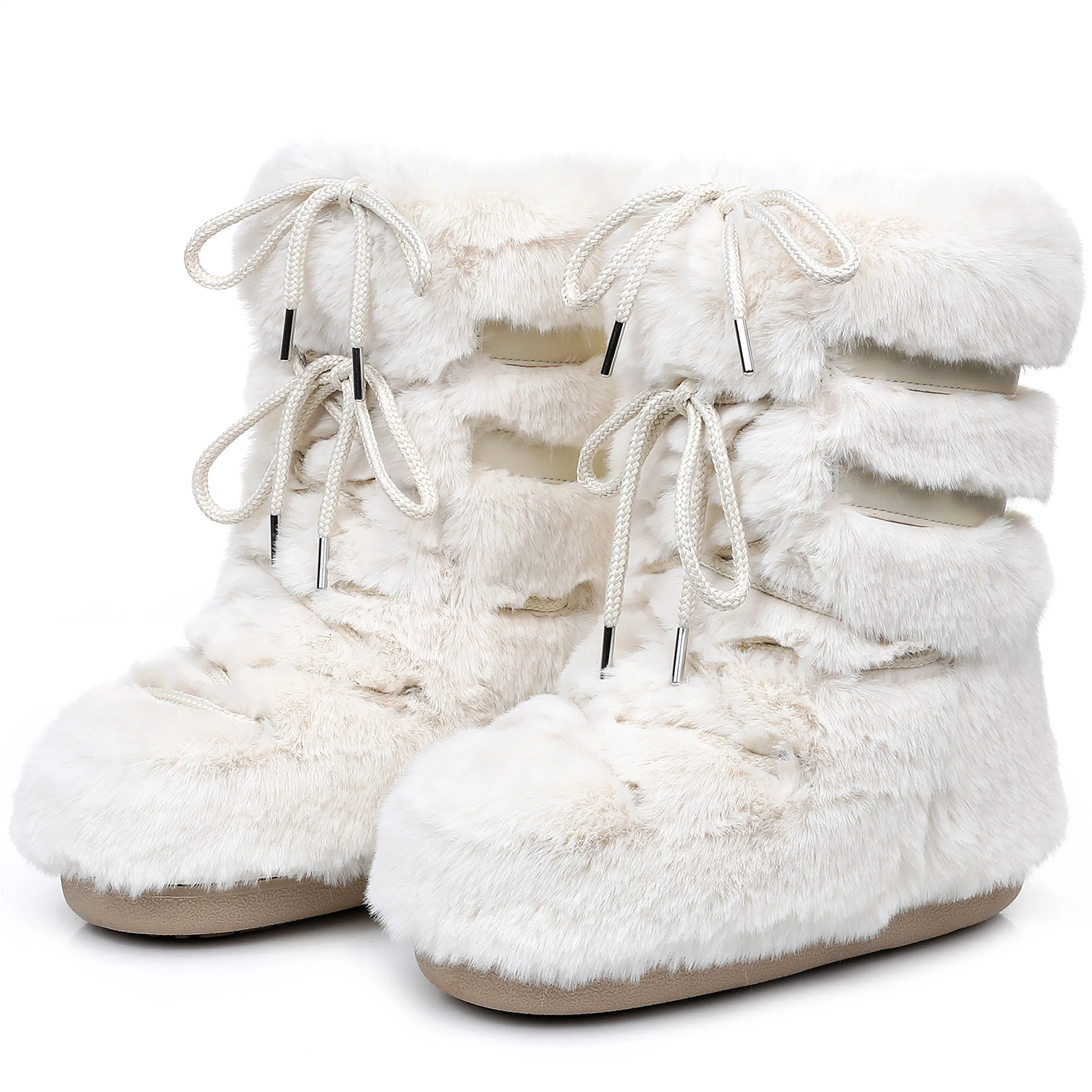 2025 Winter Snow Boots Mid-calf Lace-up Rabbit Fur Women Ski Boots