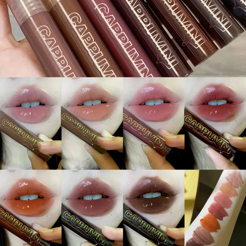Chocolate Lip Gloss Long Lasting Moisturizes Dark Brown Lip Glaze Transparent Glass Mirror Water Liquid Lipstick Clear Makeup lip makeup,lip glaze,lip gloss