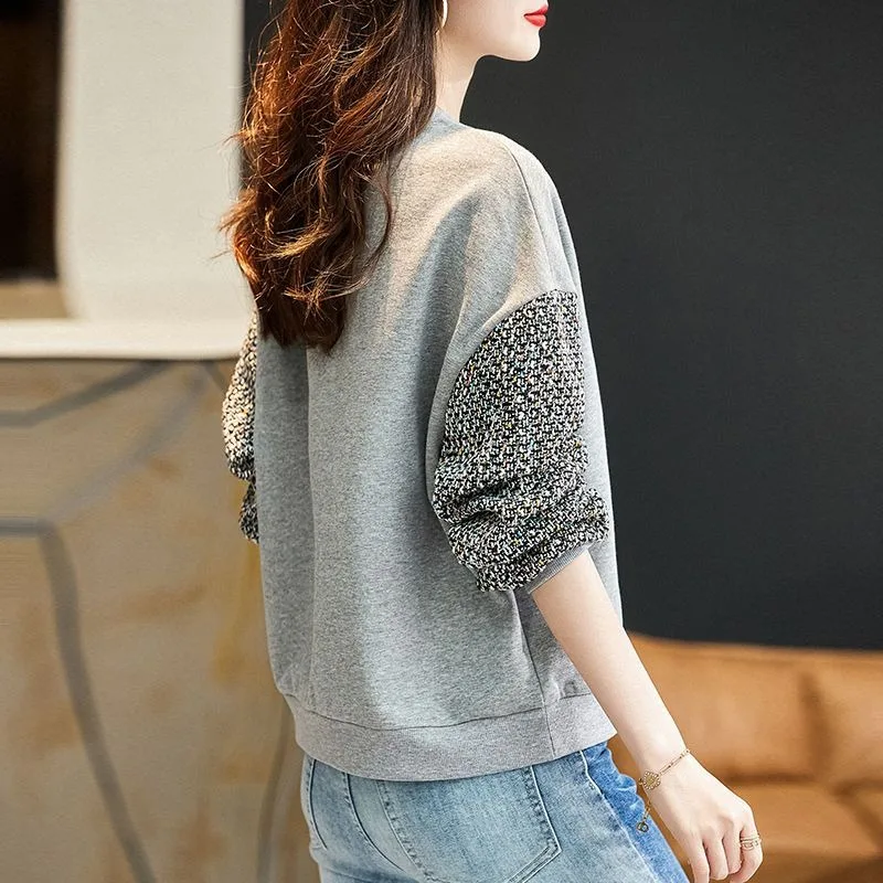 Round Neck Casual Hoodie Women's Spring Autumn 2024 New Fashionable Loose Jacket Patchwork Long Overcoat Sleeved Pullover Tops