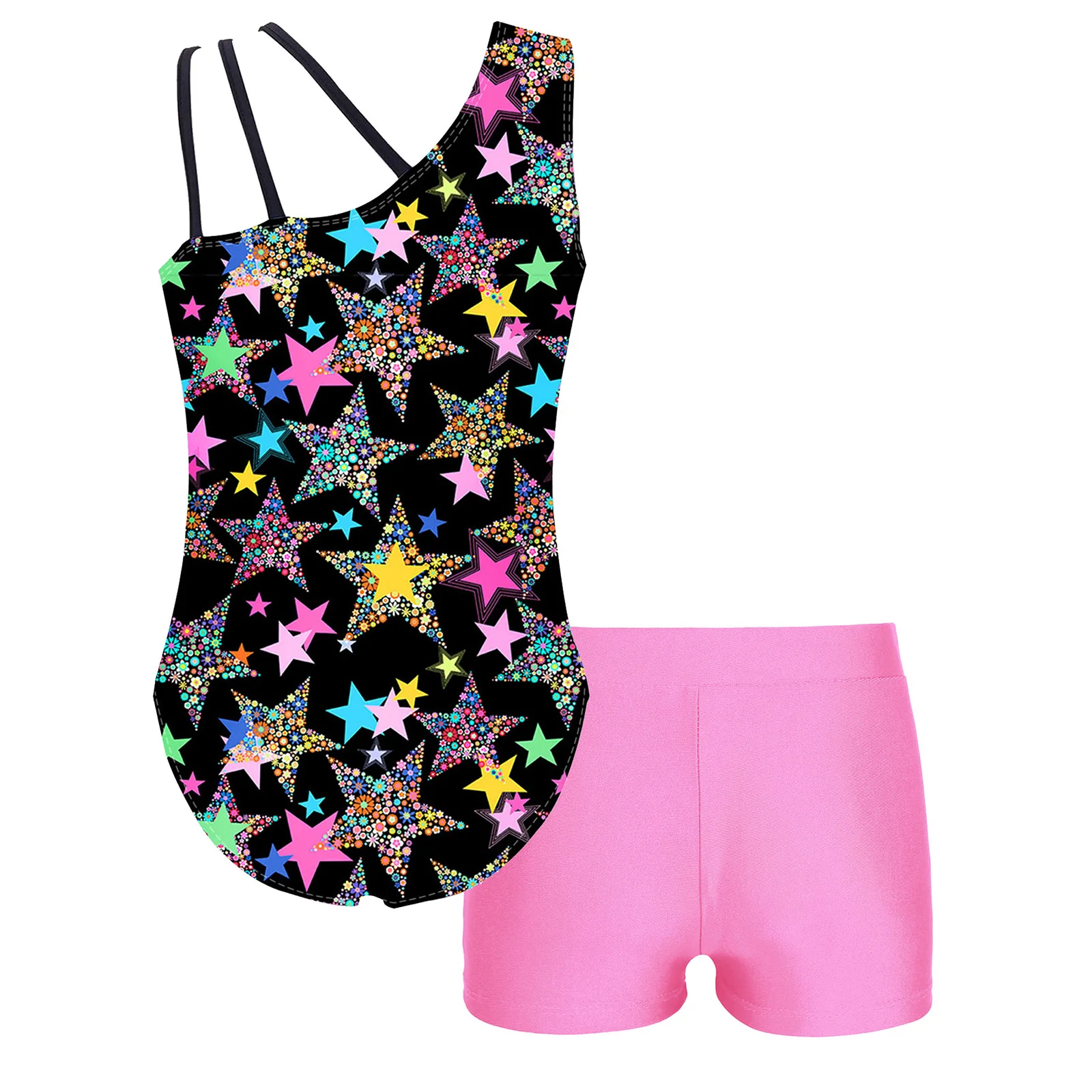 Gymnastic Leotard for Children Gilrs Yoga Dance Workout Skating Bodysuit with V-front Waistband Shorts New Sportswear