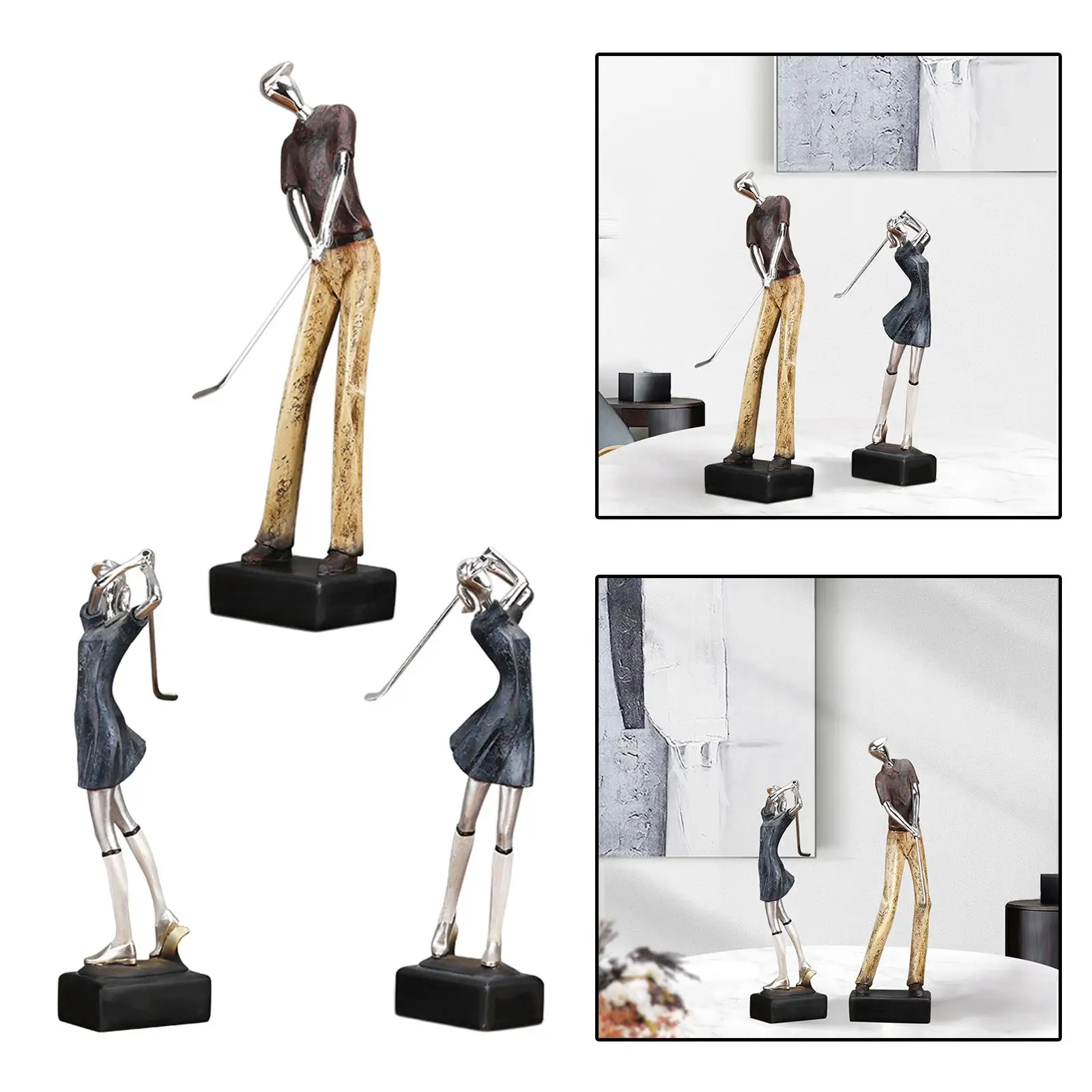 Resina Figura Sportiva Golfista Donna Uomo Scultura Home Office Statua