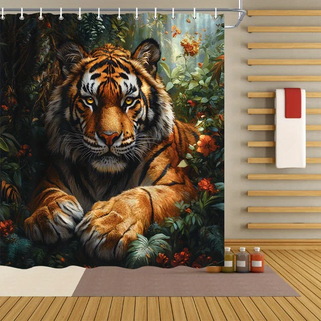 Tenda da doccia con tigre selvatica brillante, design con vegetazione e fiori lussureggianti, tenda da doccia decorativa per bagno 180x 180 cm, 1
