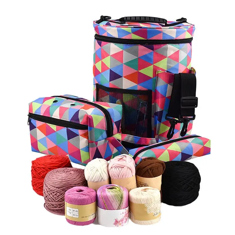 

Crochet Organizer Bag Checkered Pattern Empty Yarn Bags Set Large Capacity Round Knitting Storage Bag Organizer For Holding Yarn