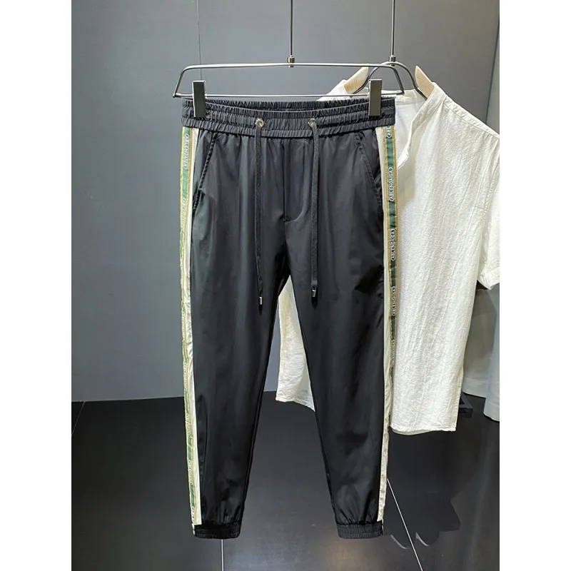 Summer Ice Silk Casual Pants Men's Ultra-Thin Breathable Soft Elastic Ankle-Tied Slim Fashion Cropped Track Sweatpants