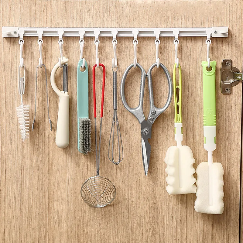 Houseeker Strong Self-adhesive Track Row with 10 Hooks Can Slide S-shaped Holder Non Punching Kitchen Bathroom Storage Rack